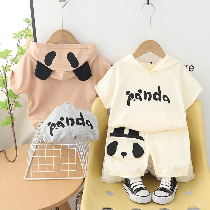 Summer new baby cute baby treasure Panda hooded short sleeve suit cool summer boys short sleeve suit