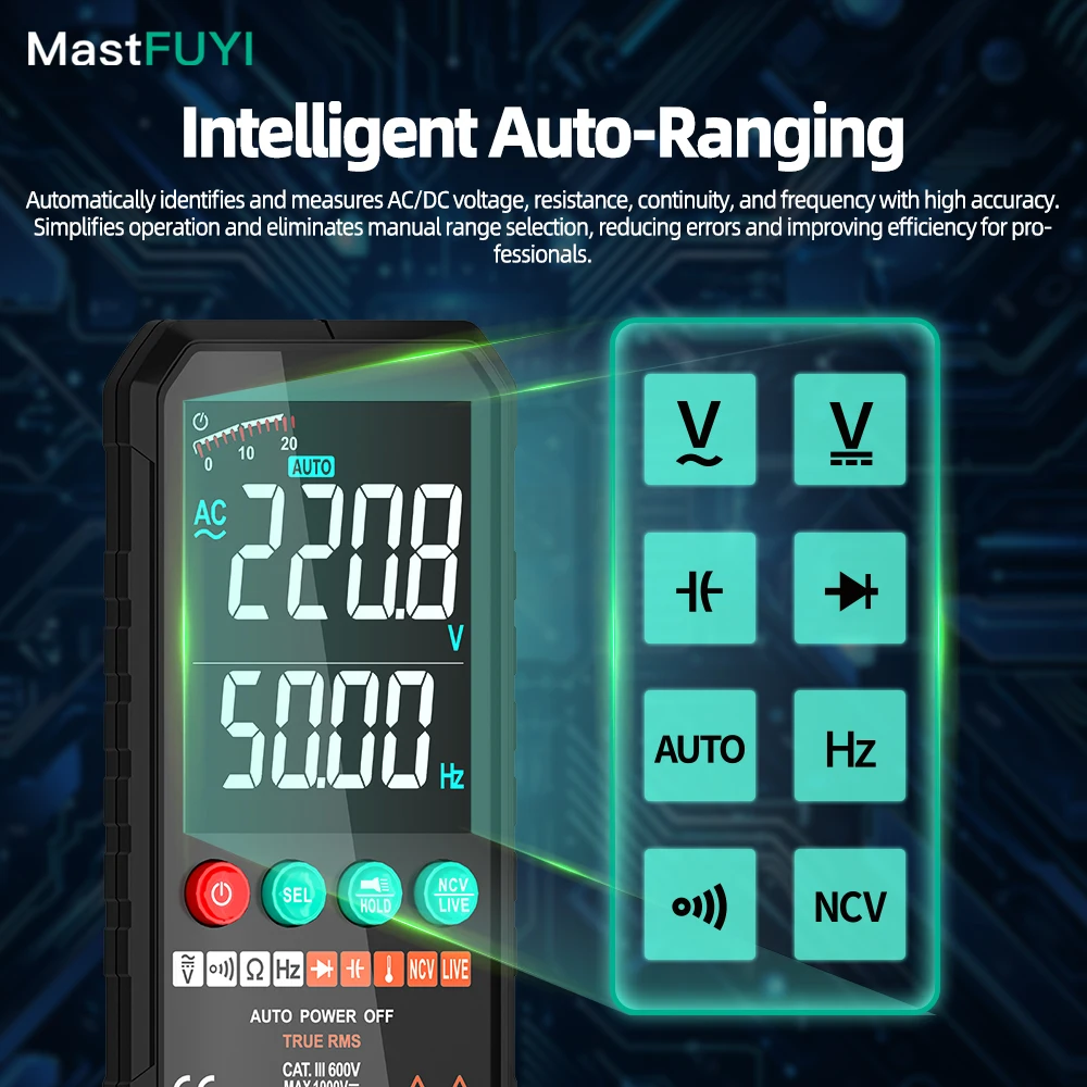 MASTFUYI Универсальный цифровой мультиметр с автоматическим определением диапазона — интеллектуальный мультиметр с тестером непрерывности сопротивления NCV для напряжения переменного/постоянного тока