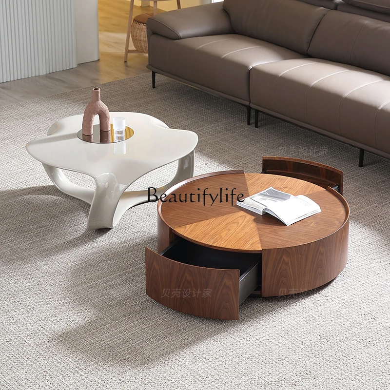 Italian Minimalist round Drawer Storage Solid Wood Coffee Table Living Room Irregular Side Table Combination Tea Table