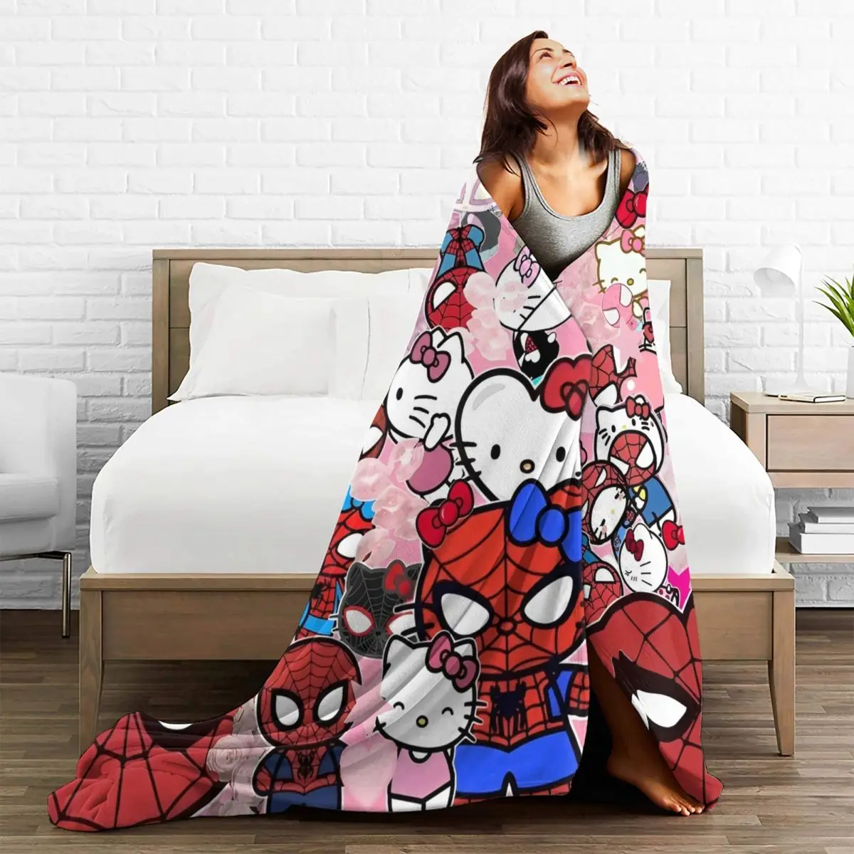 Hello Kitty And Spider Man Super Warm Blanket Travel Plush Throw Blanket Fluffy Couch Bed Flannel Bedspread Sofa Bed Cover