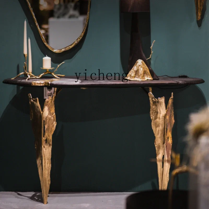 TQH light luxury brass entrance table very narrow solid wood surface entry strip table against the wall entrance platform