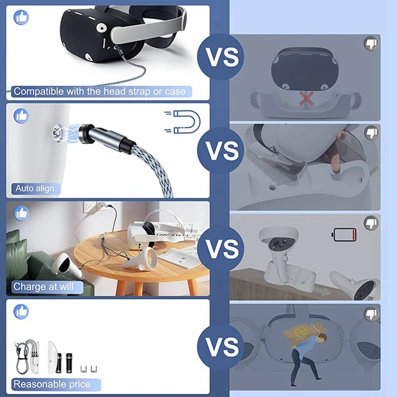 Magnetic Controllers Charging Cable For Oculus Quest 2, Charging Dock Kit With 2 Batteries,Battery Cover,Charger Cable