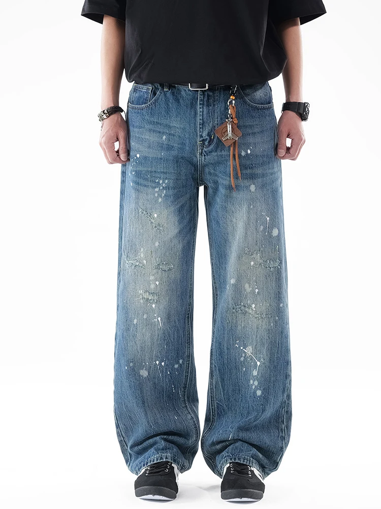 

KSTUN Paint Splatter Wide Leg Jeans Men Vintage Distressed Loose Casual Denim Pants Streetwear Ripped Trousers No Accessories