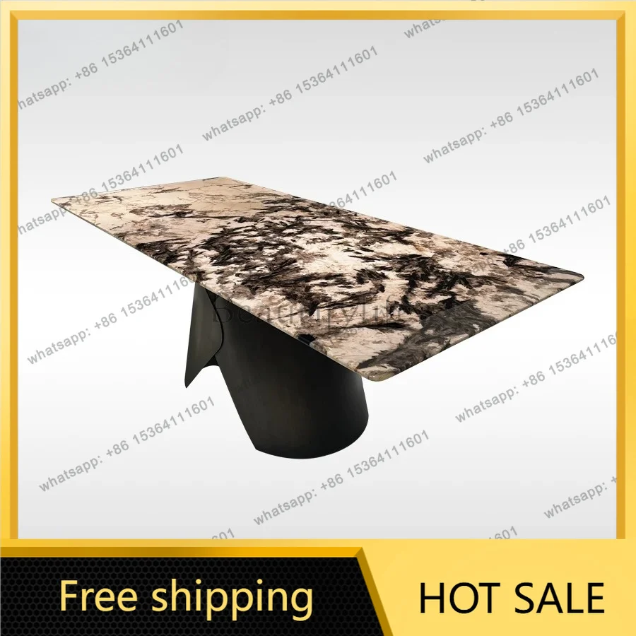 YJ Natural Luxury Stone Dining Table Silver Fox Mountain Snow Marble High End Villa Household Dinner Table