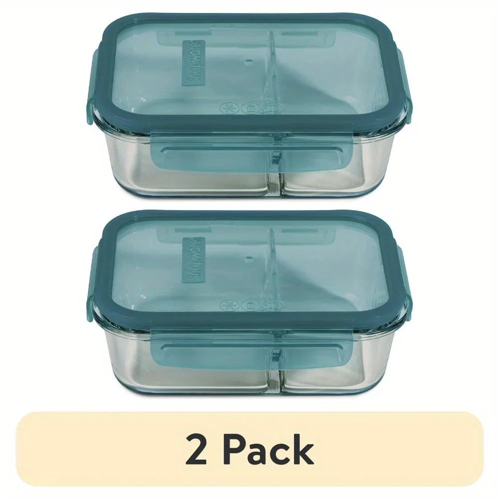

(2 pack) Meal Box 4-Cup Divided Glass Storage Container with Lid