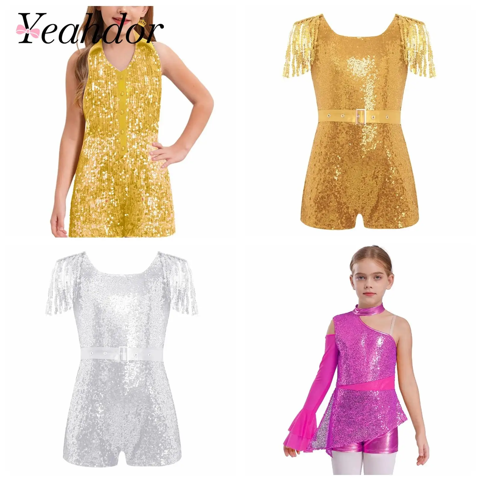

Kids Fashion Short Rompers Girls Shiny Sequin Bodysuit Unitard Jazz Cha-Cha Dance Jumpsuit Birthday Party Prom Performance Wear