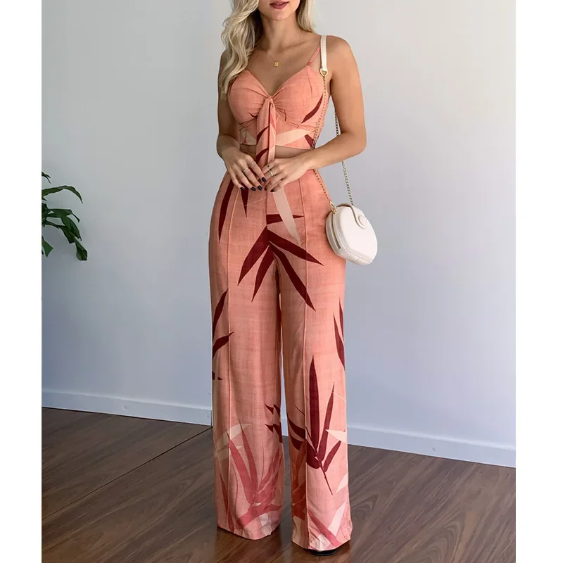 Europe and America cross-border casual suit summer ANSZKTN new V-neck short vest high waist printed wide leg pants two-piece set