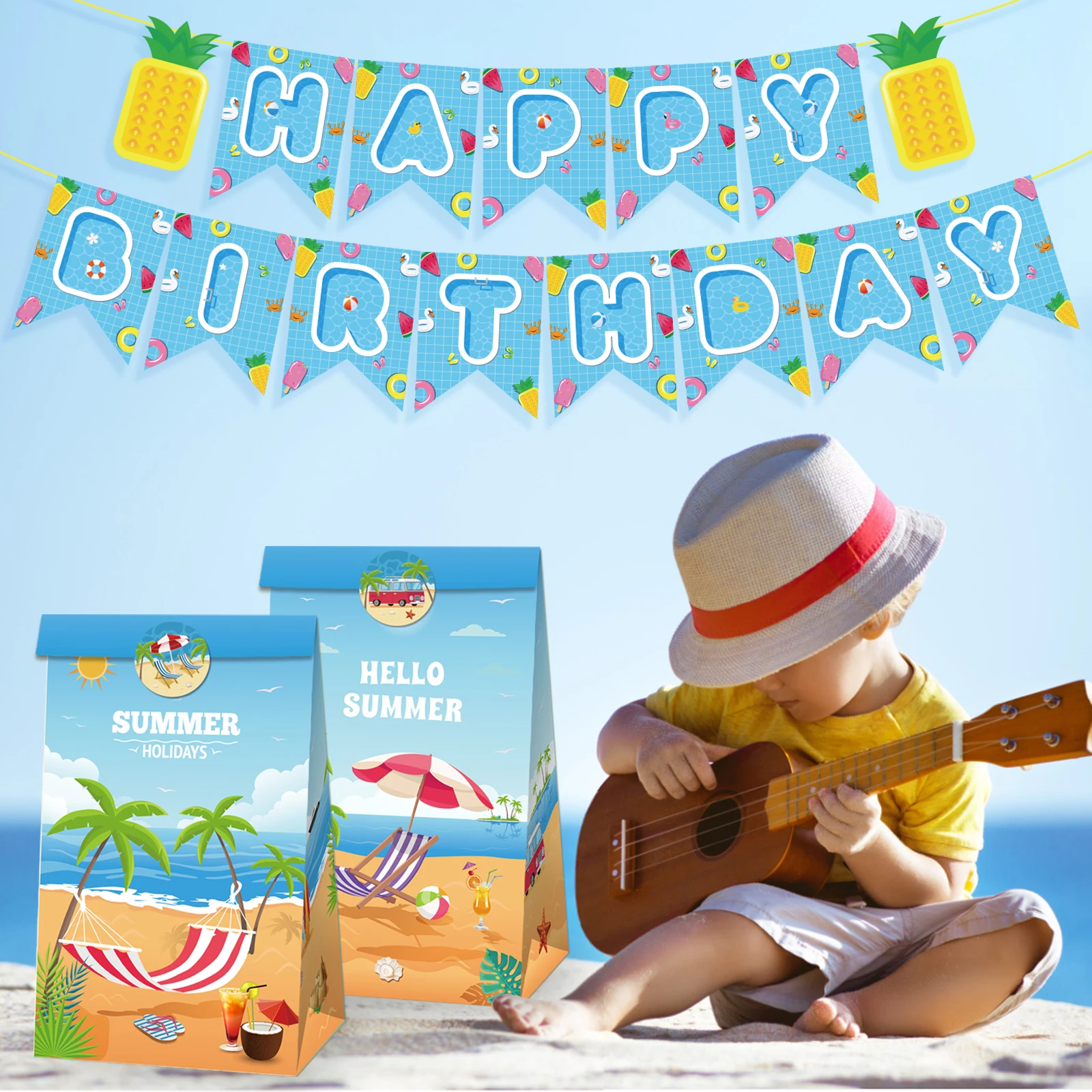 

LB173 12Pcs Summer Holiday Hawaii Beach Swimming Birthday Party Candy Packing Kraft Paper Gift Bags Baby Shower Party Favors