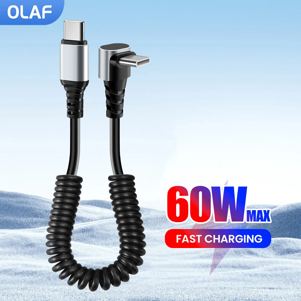 60W Short Spring Data Cable 90°Elbow USB C To Type C Fast Charging Cable For iPhone 16 15 Huawei Xiaomi Phone Charger Wire Cord