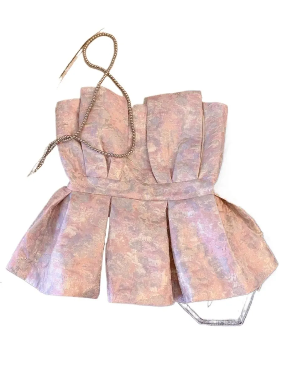 Foamlina Frans ontwerp geplooid olieverfschilderij print bandeau top dames zomer 2025, nieuwe cinched taille uniek heet meisje vest camis