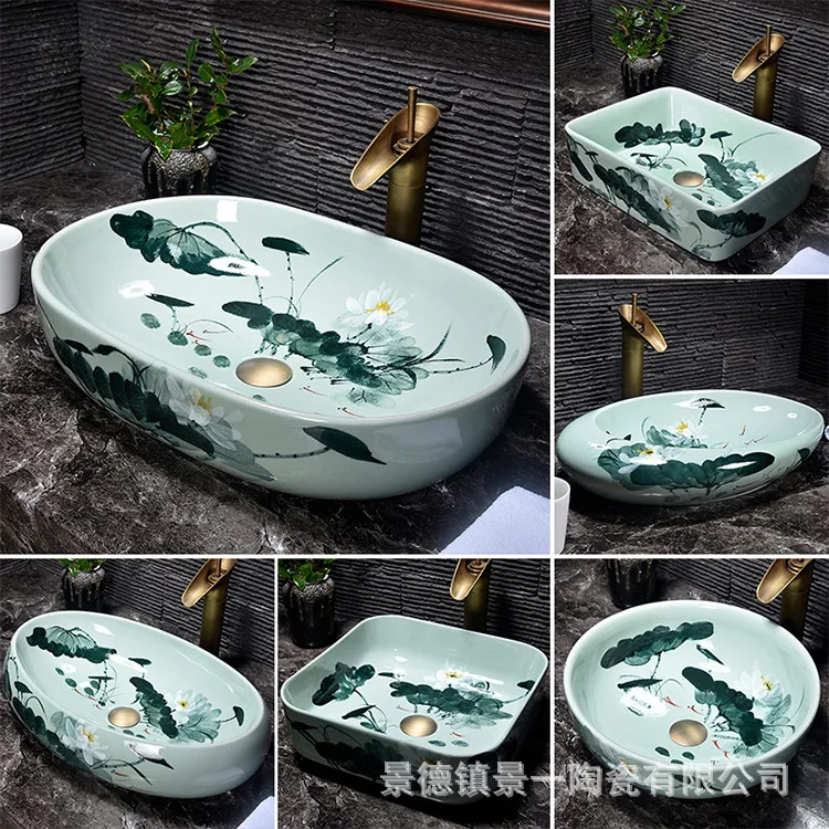 

Oval Shape Europe style chinese wash basin vessel sinks Jingdezhen Art Counter Top ceramic basin sink ceramic washbowl