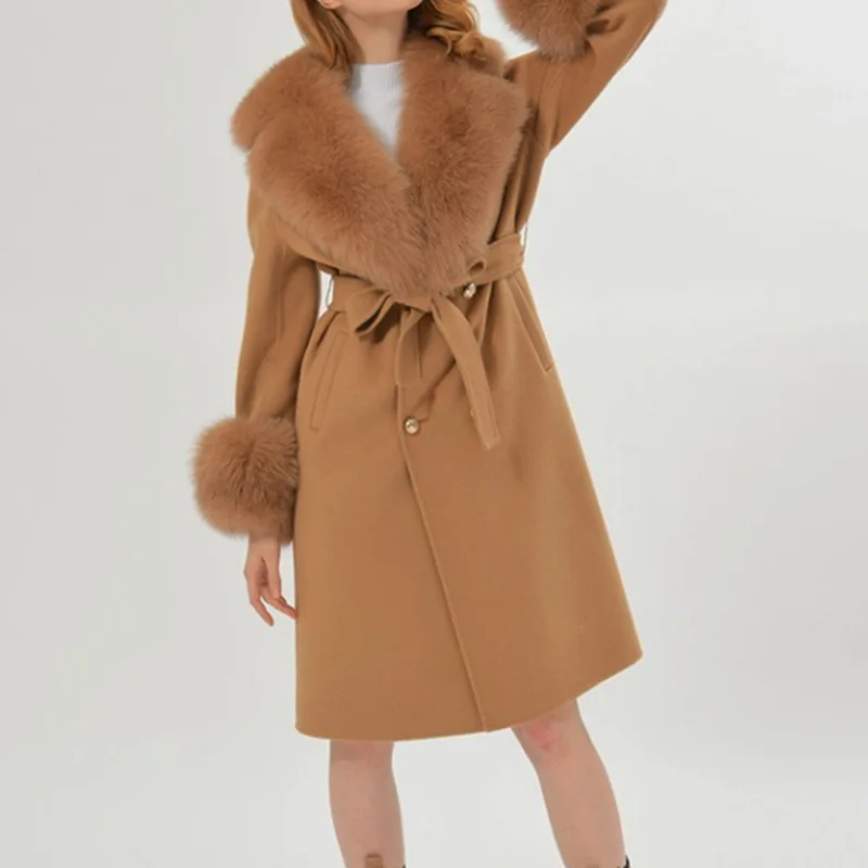 

Hot Sale Women's fox hair cashmere woolen coat, women's autumn and winter coat, women's high-end double-sided woolen coat