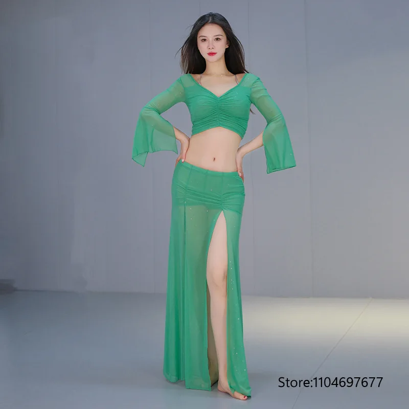 New Adult Maxi Belly Dance for Women Costume Set Mesh Top Long Slit Skirt Practice Sexy Modern Dance Stage Performance Dancewear