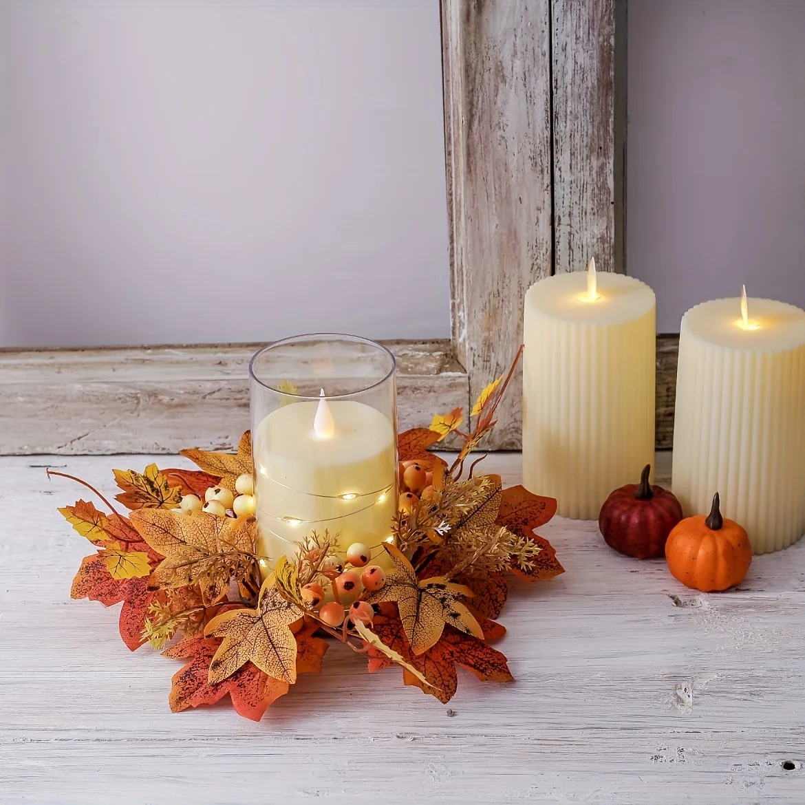 1pc Herbst Ernte Weihnachten Kerzenhalter Dekor Faux Maple Leaf Kranz Hause Urlaub Tisch Mittelstücke Festliche Party Dekoration