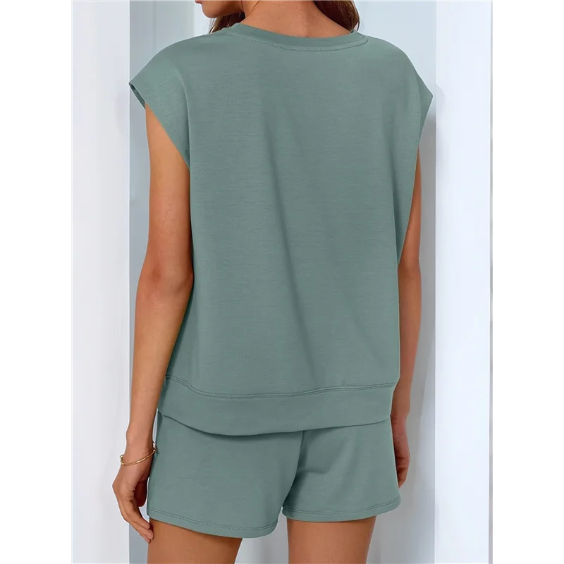 

【SEE】2 Piece Sets For Women Casual Summer Lounge Set Cap Sleeve Tops And Elastic Waist Shorts Tracksuit