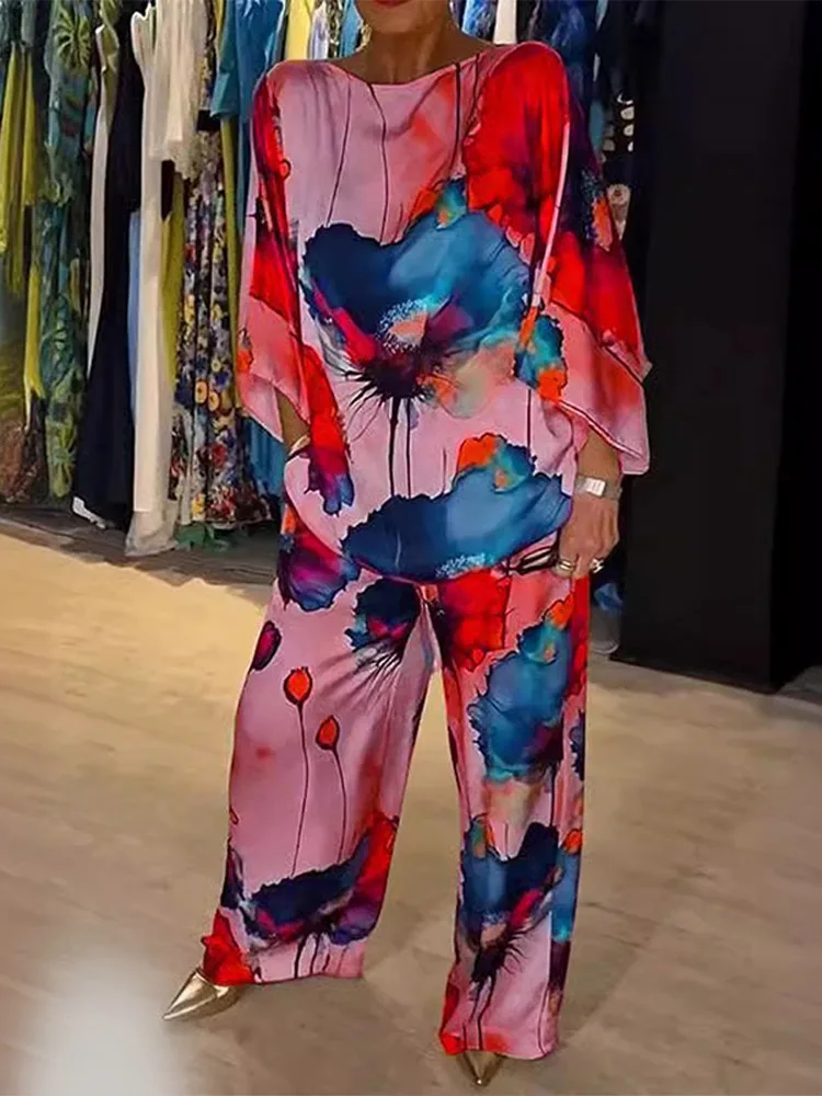 Summer Satin Printed Pant Suit Women Causal Loose O Neck Shirt Wide Leg Pants 2piece Set 2024 Female Streetwear Outfits