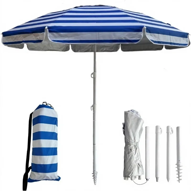 6ft Iron Pole Beach Umbrella Heavy Duty Wind Resistant with Sand Anchor UV50+ Waterproof Folding Sun Shade Carry Bag
