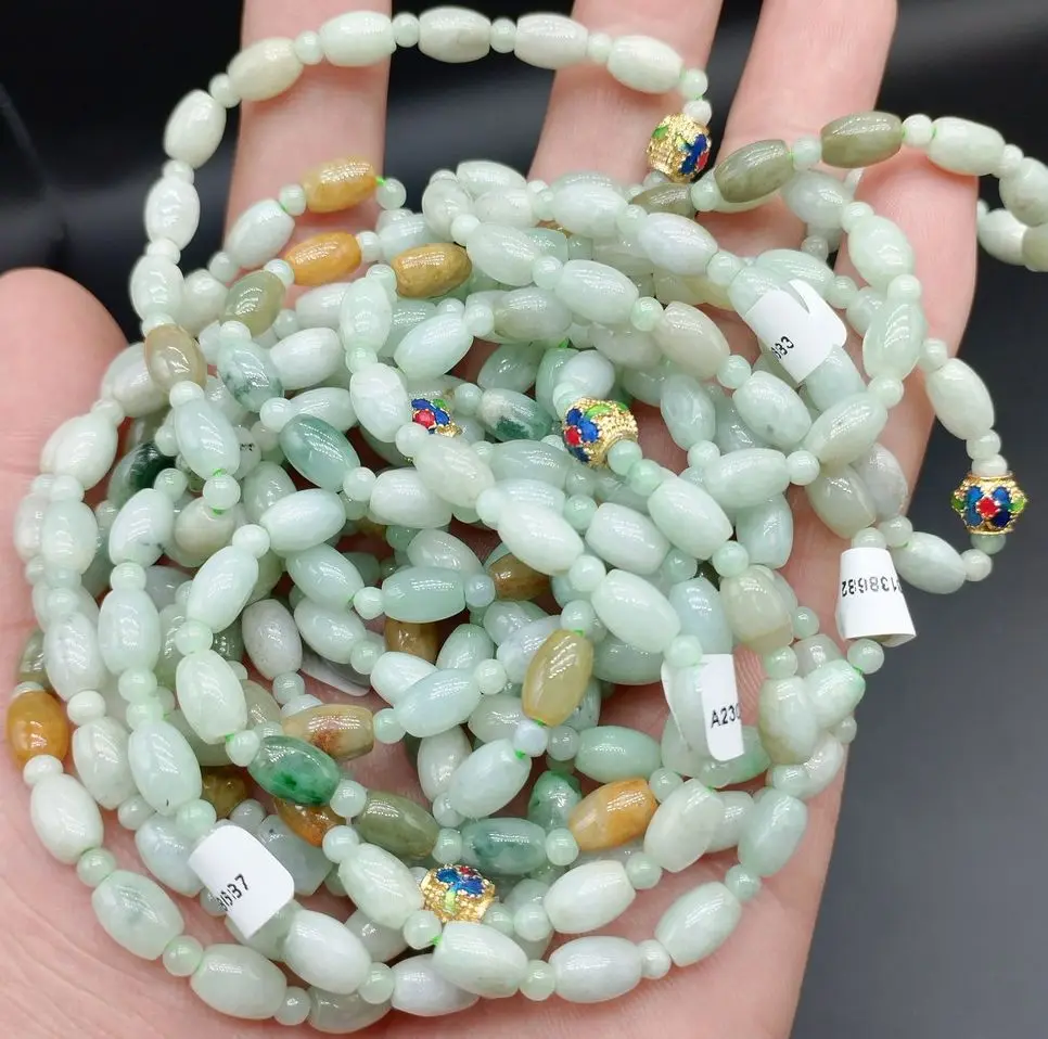 Certified 3 Color Burma A JADE Jadeite Beads Necklace 23 Inch 8.30MMX5.70MM