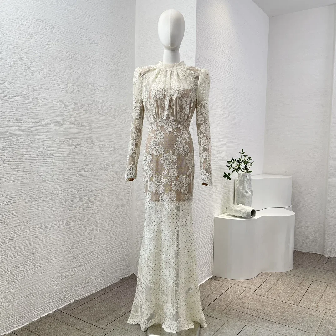 2024 New Arrivals White Long Sleeve Lace Patchwork See Through Back Zipper Closure Maxi Dress