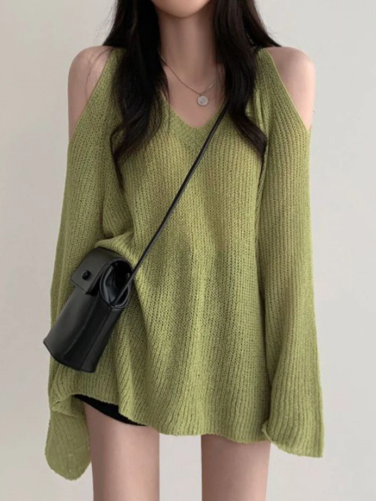 Autumn New Temperament V-neck Strapless Loose Pullover Versatile Leisure Solid Color Long-sleeved Knitwear Outerwears Sweater