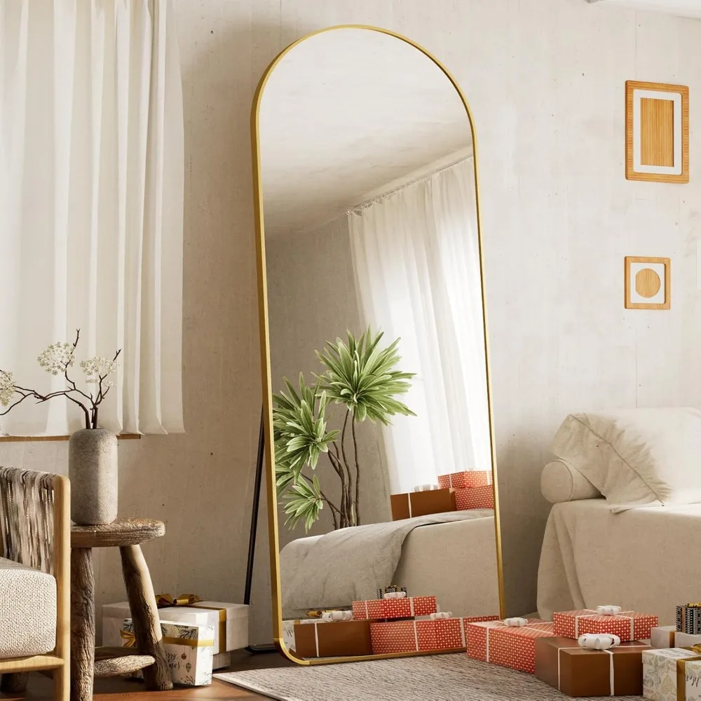 Gewölbter Bodenspiegel in voller Länge, 65 x 24 Zoll, Aluminiumrahmen, Wand- oder Bodenmontage, großer Körperspiegel