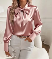 Women's Satin Solid Color Bow Tie Neck Long Sleeve Dressy Elegant Tie Neck Blouse Shirt Tops, Casual Office Work Blouse Tops - Image 3