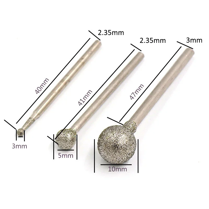 1/5/10 Stück Kugelförmige Diamant-Schleifköpfe mit 2,35mm/3mm Schaft, Kugelförmiger Polierkopf für Gravur, Dremel-Rotationswerkzeuge – Detail 2