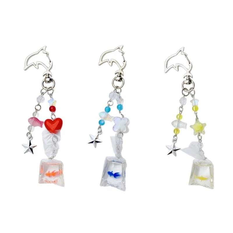 Elegant Lovely Marine Themed Keychain with Goldfish and Star Bead Pendant In Clear Bag Designs for Travel And School