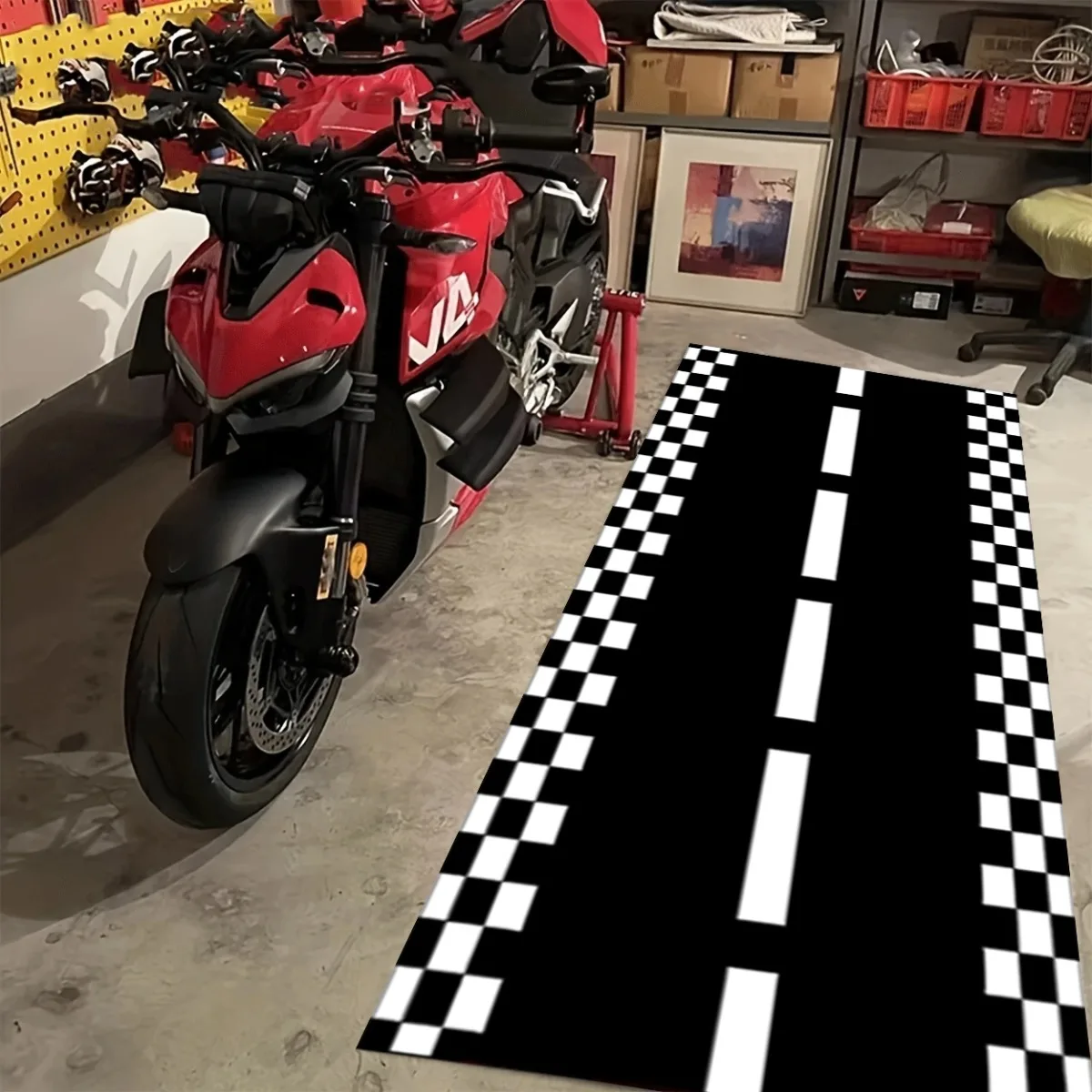 Checkered Racing Motorcycle Mat, Anti-Slip Garage Floor Mat for Motorbike Parking, Oil Absorbent, Retro Track Style, Home Decor