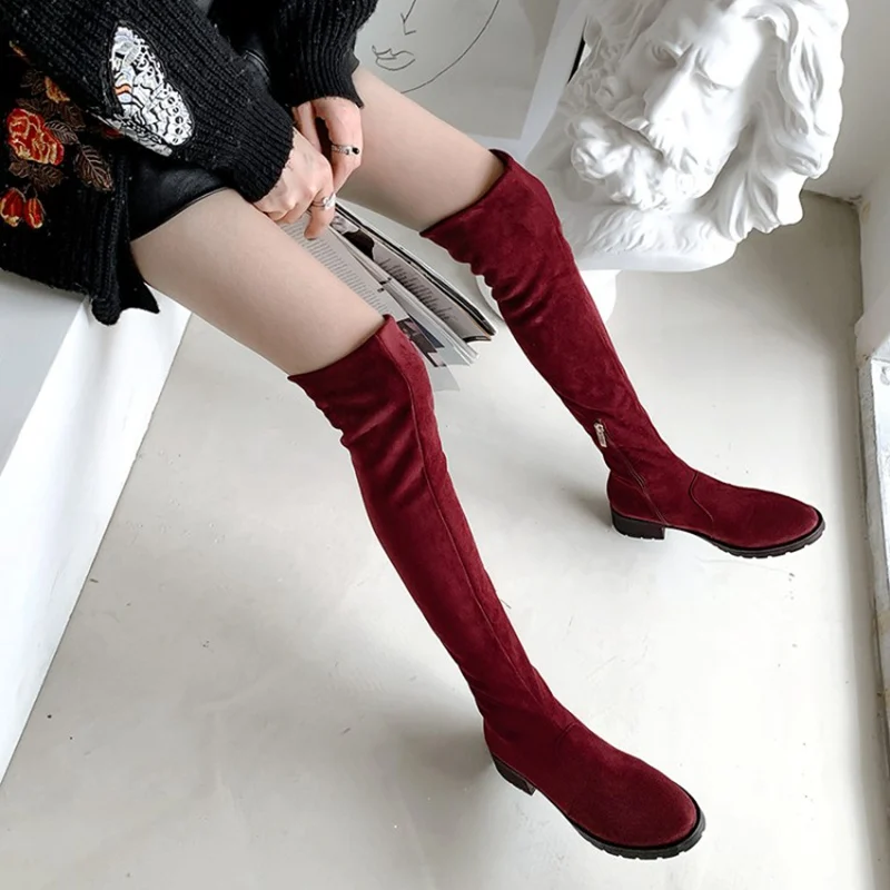 REAVE CAT 2022 Autumn Over Knee High Boots Fur Fashion Shoes 4cm High Heels Soft Flock Stretch Botas Big 43