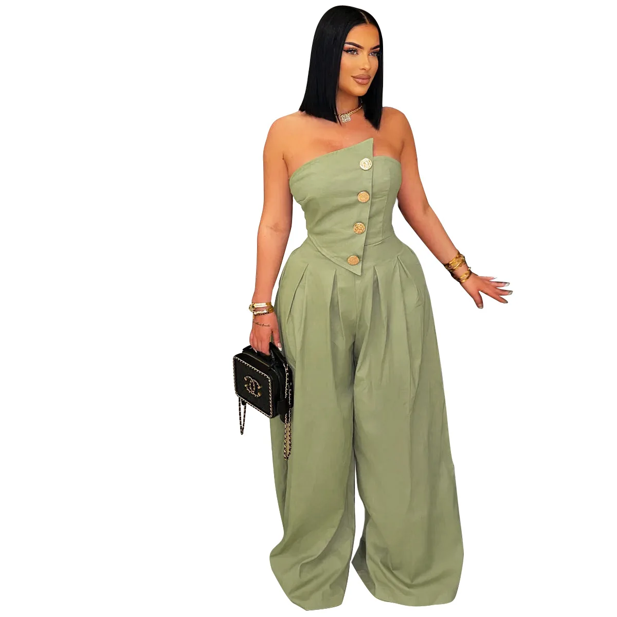 EINY Chic Fashion Women Button Splicing Strapless Wide Leg Jumpsuits 2025 Summer Sexy Party Club One Piece Suit Rompers Playsuit