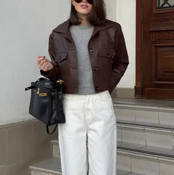 

Women's Jacket Autumn/winter New Fashionable Handsome Motorcycle Style Solid Color Leather Collar Button Leather Jacket