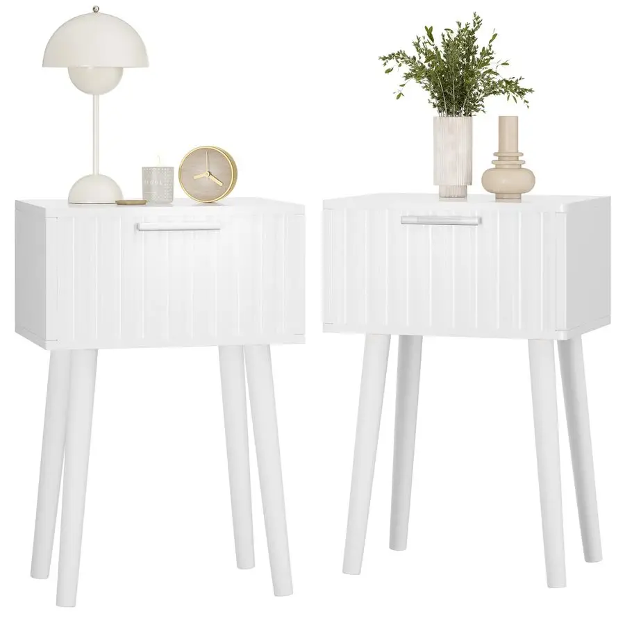 

Комплект из 2-х прикроватных тумбочек с рифленой отделкой, маленький приставной столик, современный журнальный столик с ящиком, ножки из массива дерева, цепная фиксация, 13.8 x 10.6 x 20 дюймов