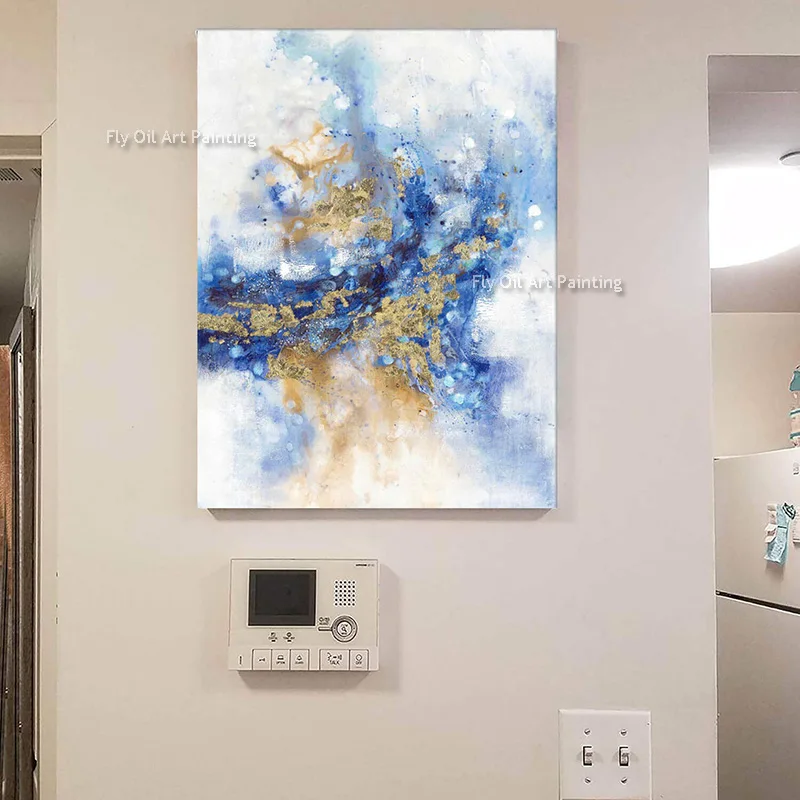 

Blue And Gold Foil Abstract Oil Painting Handmade Special Design Deep Green And Golden Yellow Canvas Wall Art For Home Decor