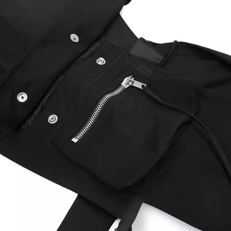 Dark RO Black High Street Multi Pocket Work Fashion Men's Elastic Waist Shell Pants Leg Binding Pants Slim Casual Pants