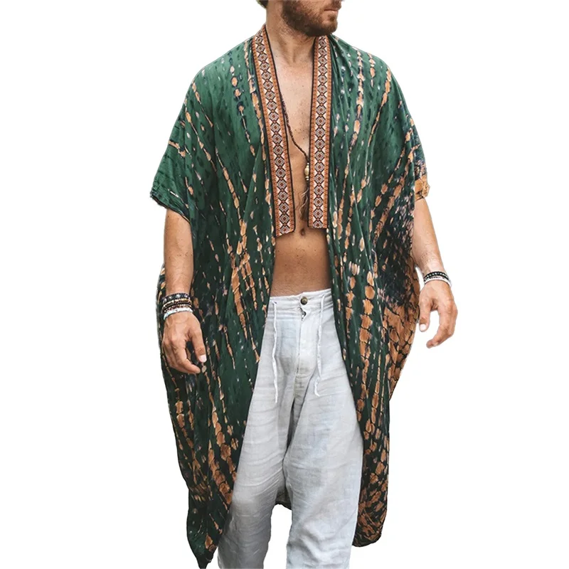 Men s Summer Beach Robe Jackets Lightweight Open Front Long Cardigan Cloaks Vacation Casual Outwears