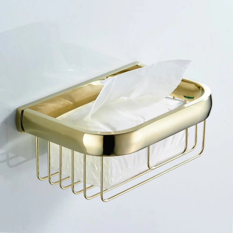 

Golden Square Mesh Basket Storage Rack Wall-Mounted Toilet Bathroom Tissue Basket Brass Light Luxury Nordic