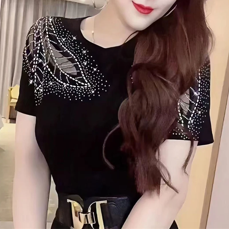 Women Clothing 2024Summer Korean Fashion Sexy Mesh Patchwork Rhinestone T-shirt Elegant Black White Short Sleeve Slim Basic Tops