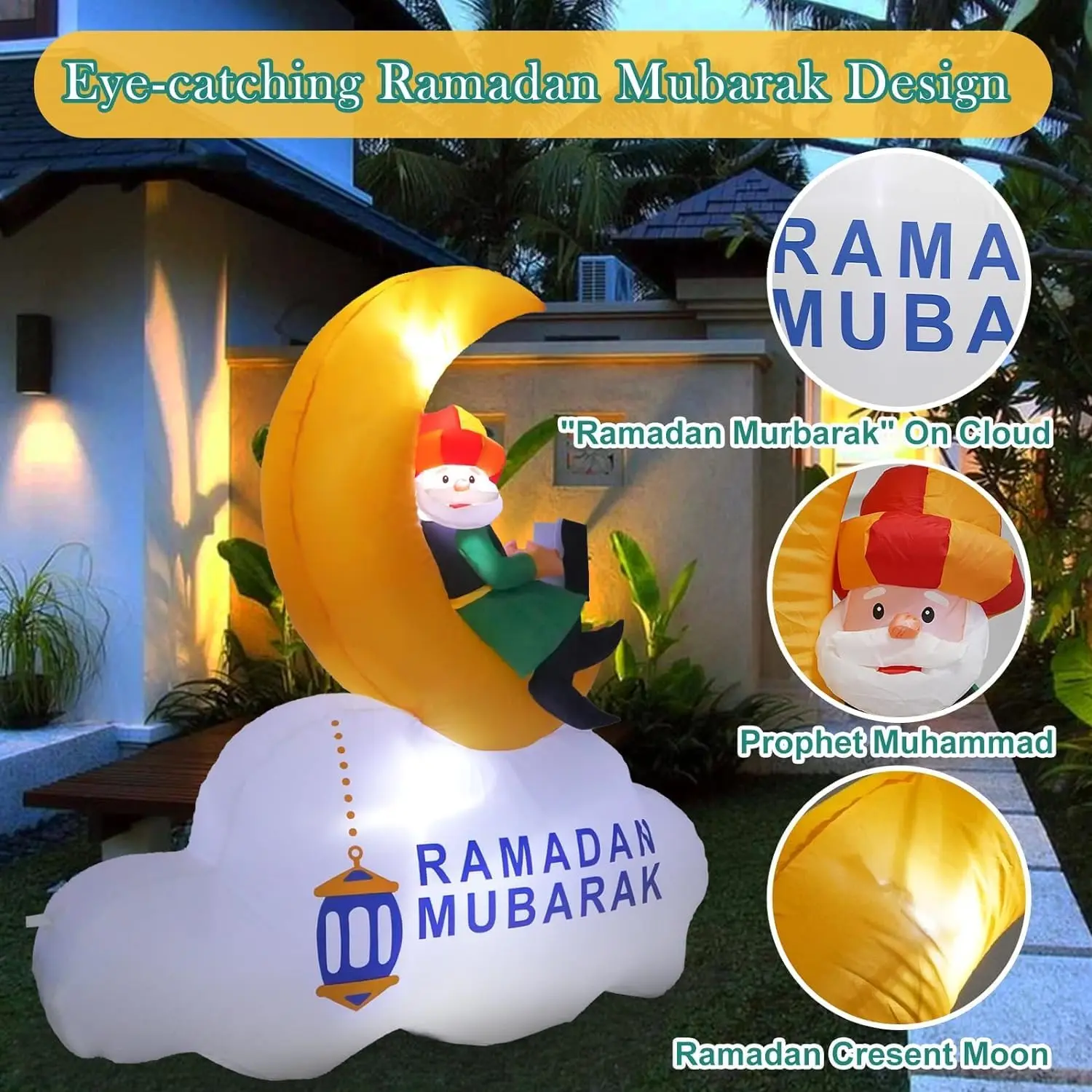 5FT Inflatable Ramadan Decorations Blow Up Ramadan Crescent Moon with LED Lights Muslim Islamic Eid Mubarak Inflatables Toys