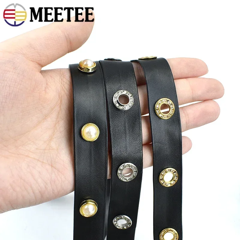 2/5/10Meters Meetee Rivet PU Leather Ribbons Punk Eyelets Band Rope DIY Bracelet Sewing Clothing Bags Strap Material Accessories