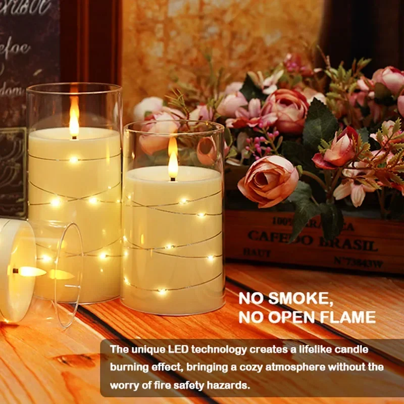 1/3 Pcs LED Flameless Electronic Candle Lights Recessed Flickering String Lamp Clear Acrylic Battery Powered for Christmas Party