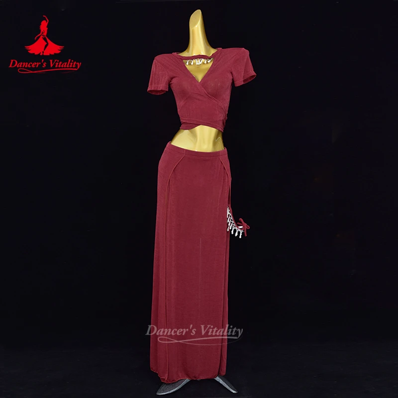 New Belly Dance Clothing Women's Sexy V-neck Short sleeved Top+Sexy Split Long Skirt 2pcs Oriental Dance Practice Clothes