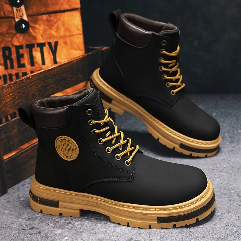 

Men's high top boots four season outdoor work shoes anti slip and comfortable yellow boots fashion British casual leather boots