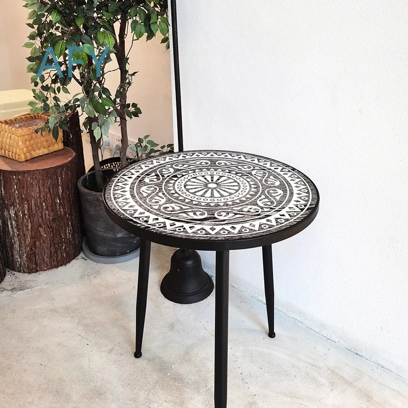 Moroccan Vintage Wooden Coffee Table for Boho Round Side Table for Garden Patio End Table for Rustic Living Room Sofa Accent