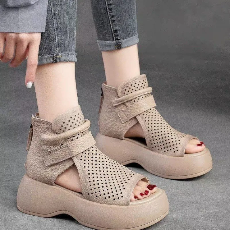 

2025 Fashion Summer Youth Girls Cool Shoes Women Genuine Leather Wedges Heel Platform Hollow Ankle Boots Ladies Peep Toe Sandals