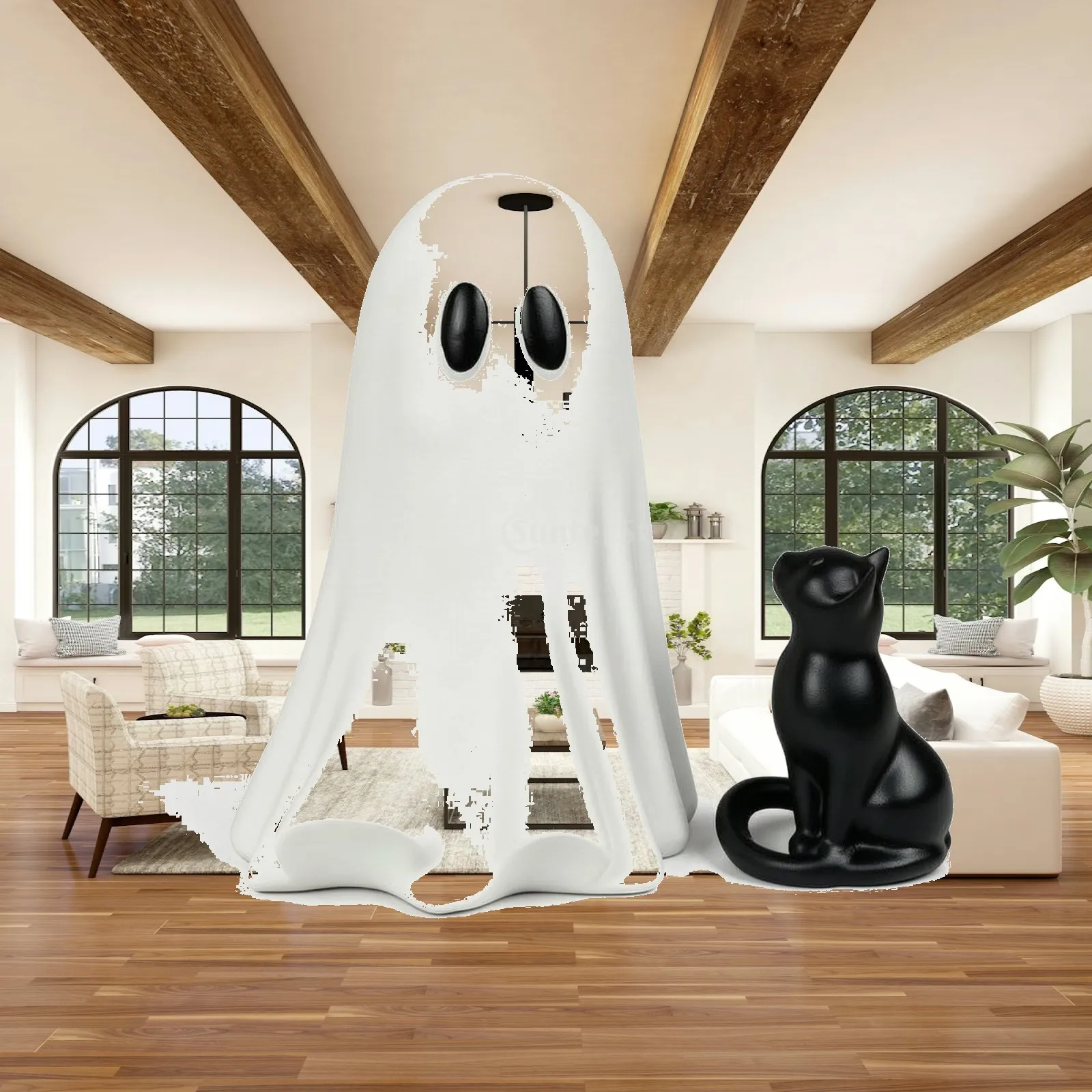 Ghost with Black Cat Festive Ghost Cat Figurine Decoration Spooky Decor Adorable for Shelf, Desk