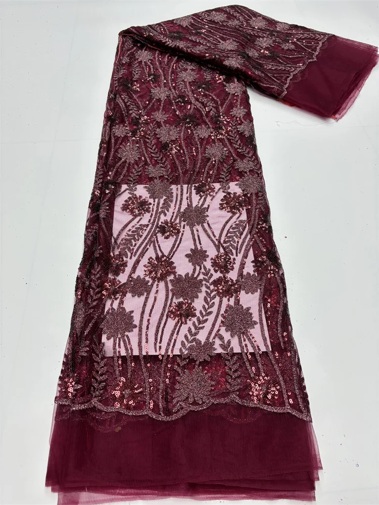 

Wine African French Tulle Groom Beads Lace Fabric 5 Yards 2023 High Quality Nigerian Lace Fabric African Lace Fabric For Wedding