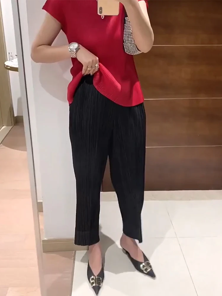 Fashionable Elegant Three-Part Pleated Pants Women's Nine-Point Loose Wide Leg Summer Thin Straight Tube Pants Trendy