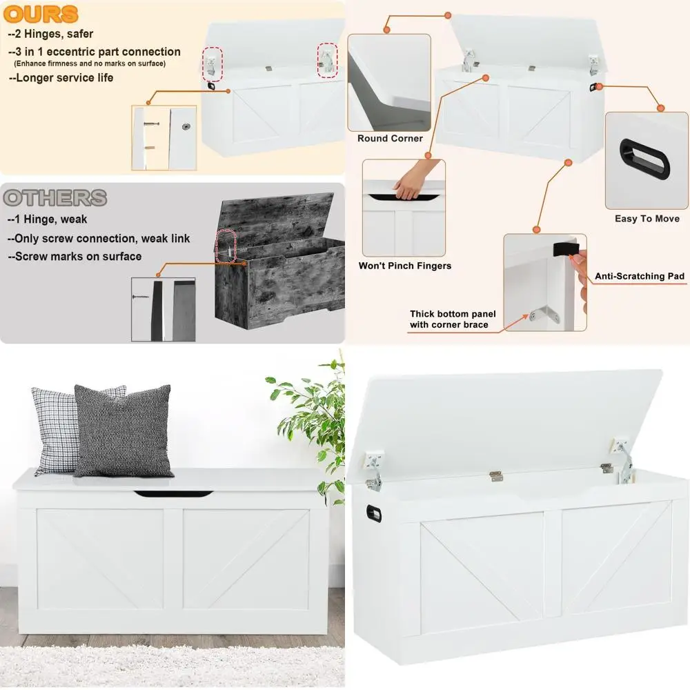 Large Wooden Storage Trunk with 2 Safety Hinges, White Entryway Shoe Bench for Living Room and Bedroom