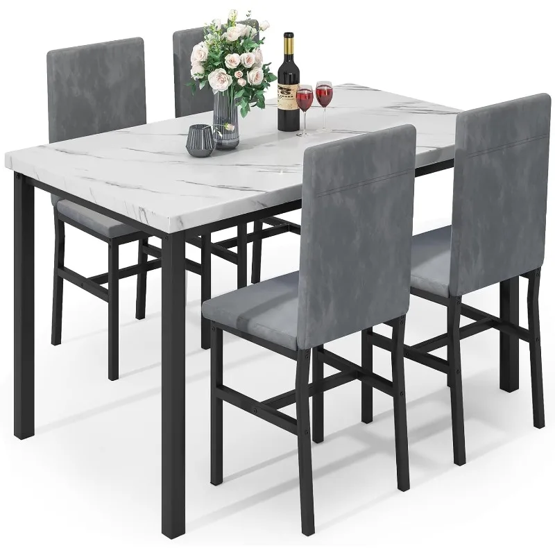 Dining Table Set for 4, Modern Kitchen Table and Chairs Set of 4, Space Saving 5 Piece Dining Room Table Set with Faux Marble